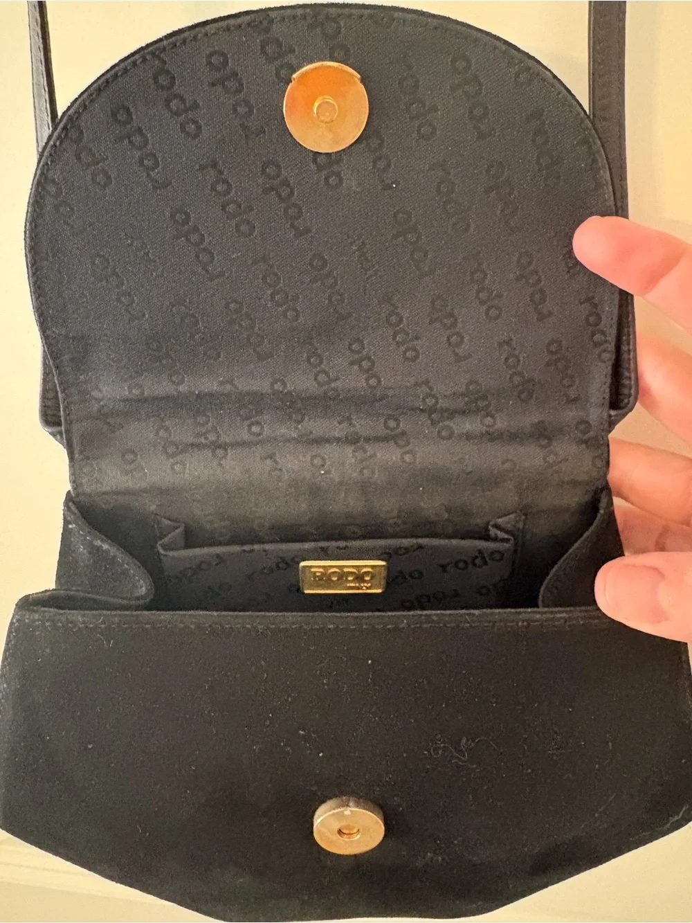 Vintage Rodo Italy Black Suede Structured Evening Bag / Minaudière, likely 1980s